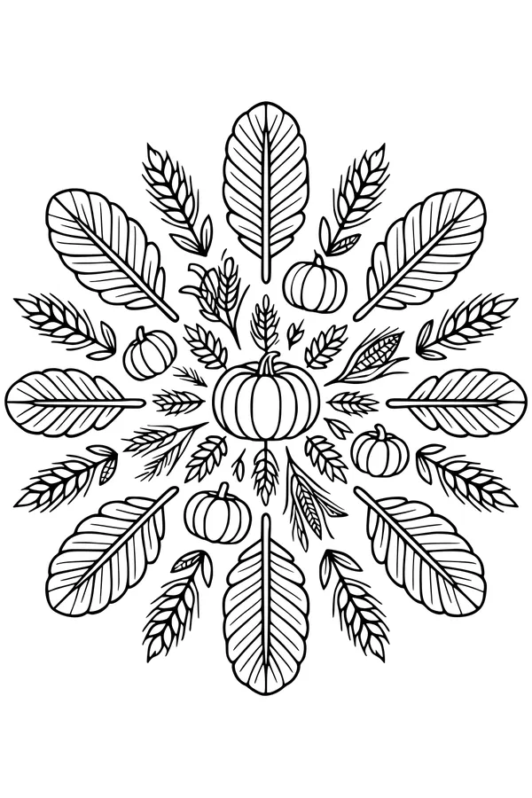Free Harvest Mandala Coloring Page - Pumpkins, Leaves, and Corn (Printable PDF)