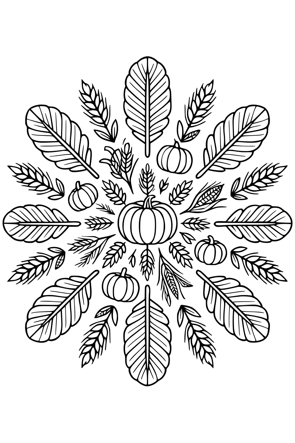 Fall mandala with central pumpkin, smaller pumpkins, large veined leaves, wheat stalks, and corn ears arranged in a circle.