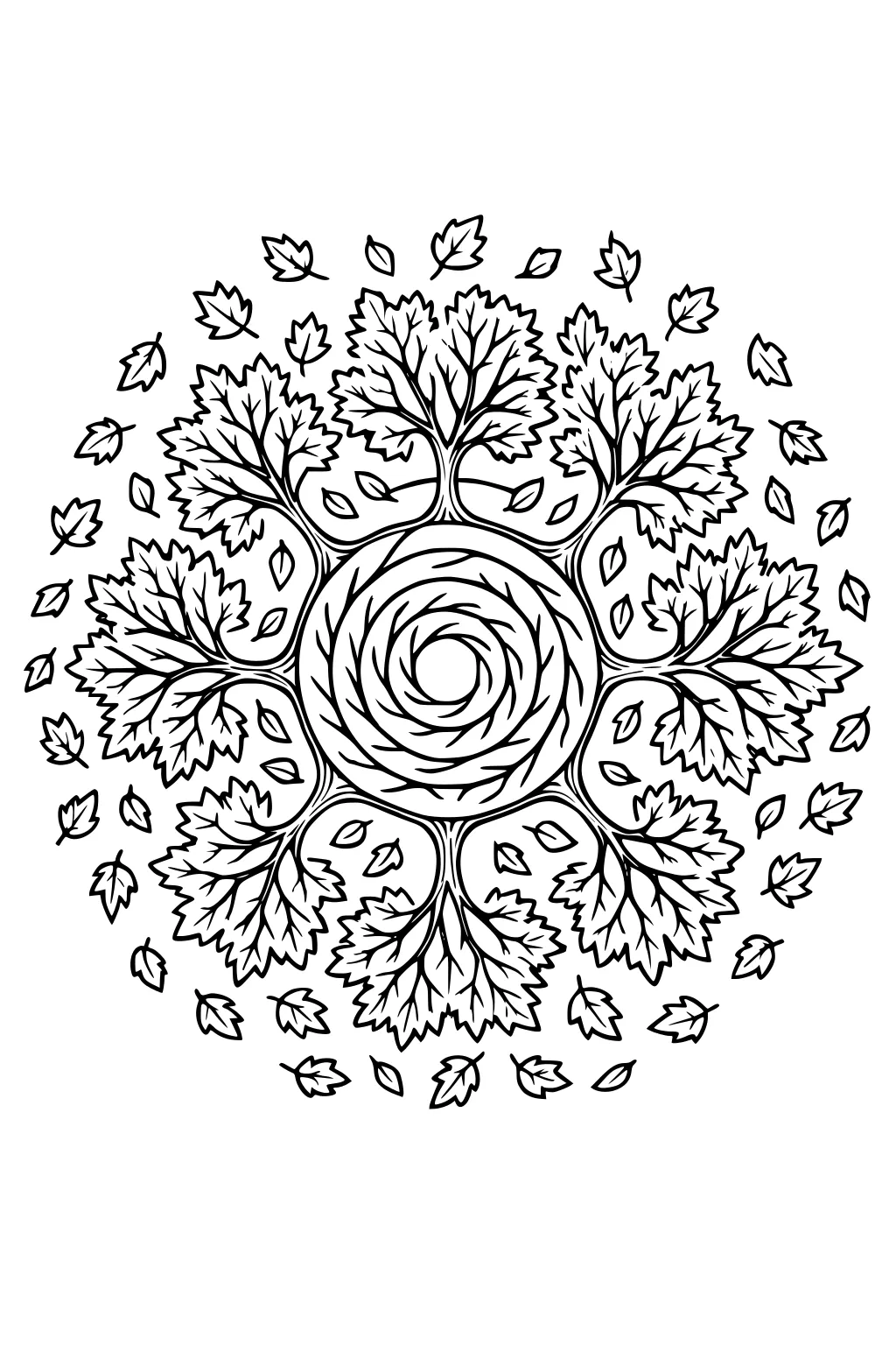 Circular wreath mandala with six clusters of maple leaves and a spiral center, with small falling leaves around the ring.
