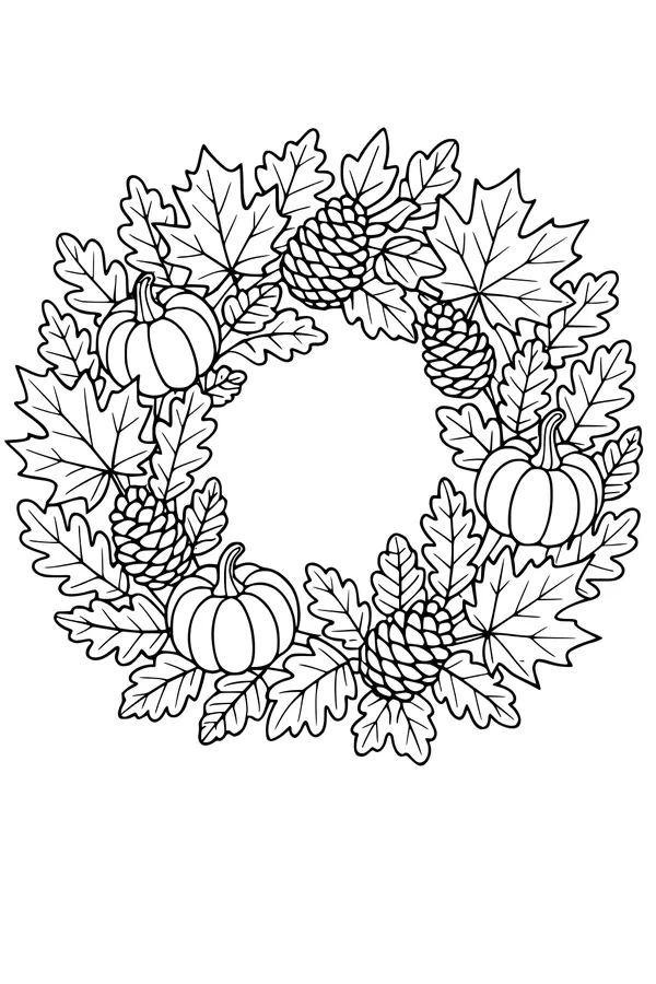 Free Thanksgiving Wreath Coloring Page - Pumpkins and Pinecones Frame (Printable PDF)