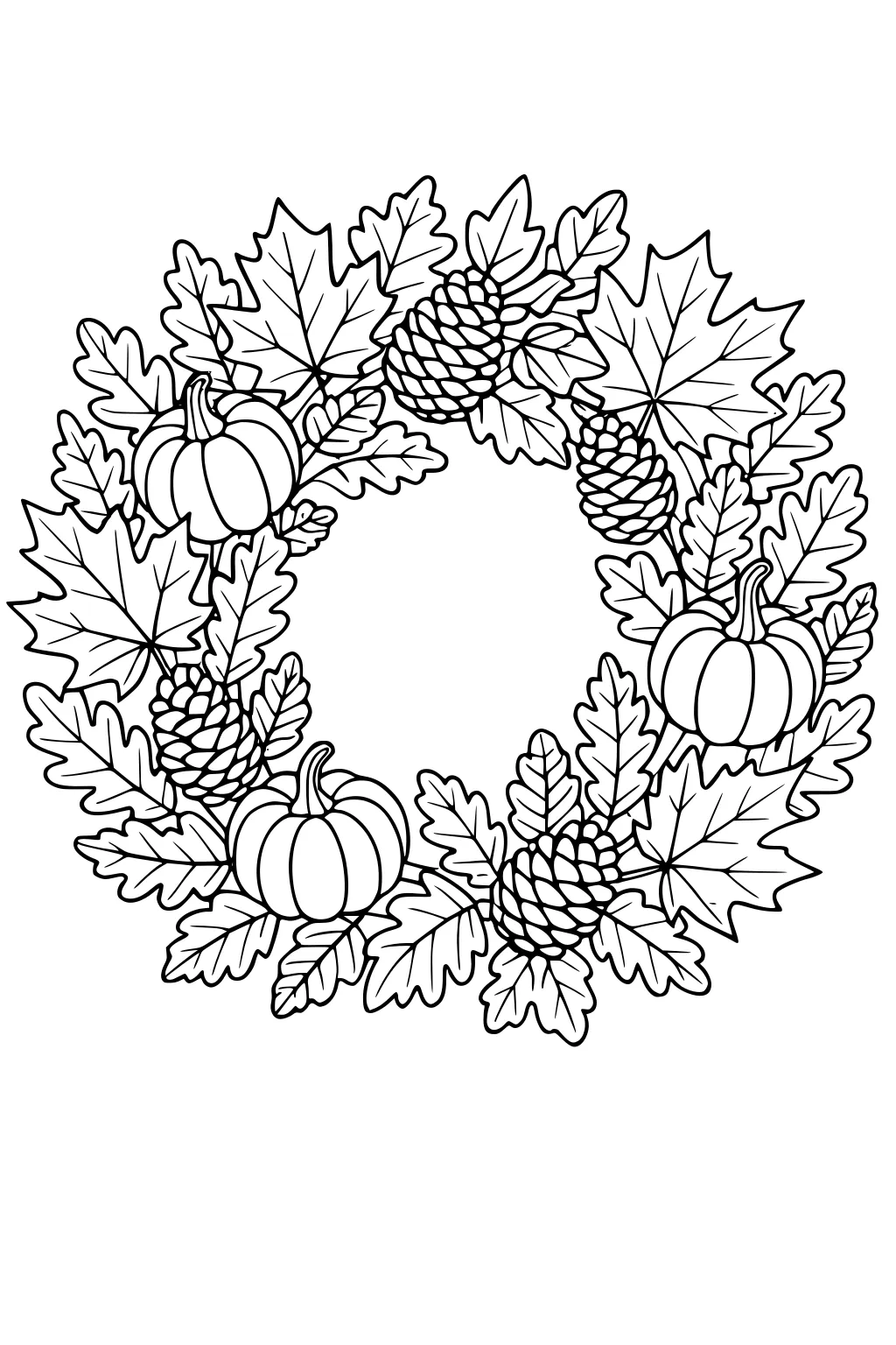 Autumn wreath of maple and oak leaves with pinecones and small pumpkins forming a circle with an open center, outlined for coloring.