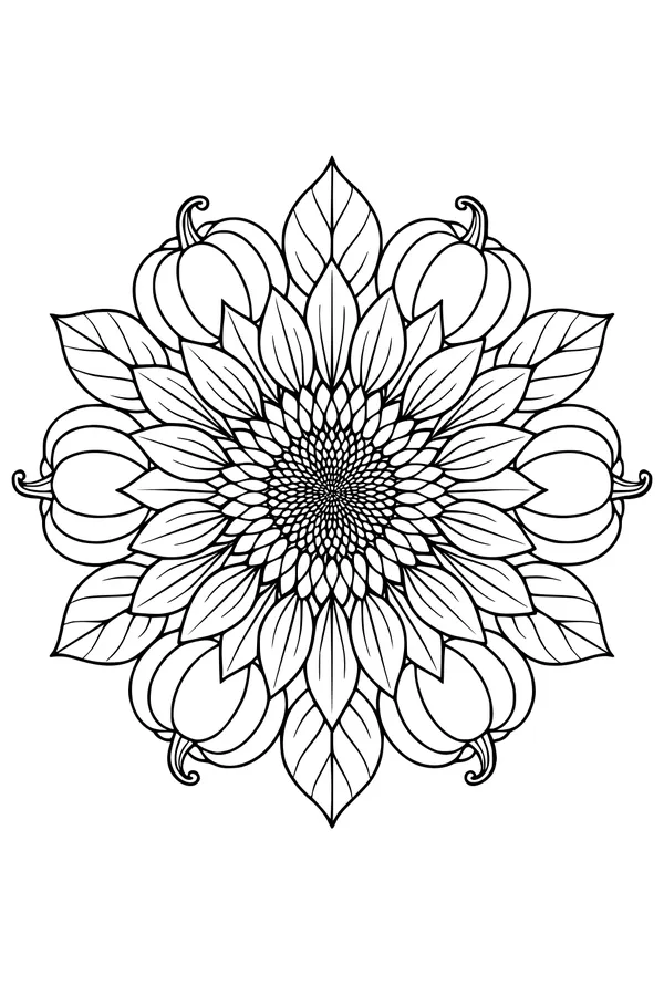 Free Sunflower and Pumpkin Coloring Page - Fall Harvest Mandala (Printable PDF)