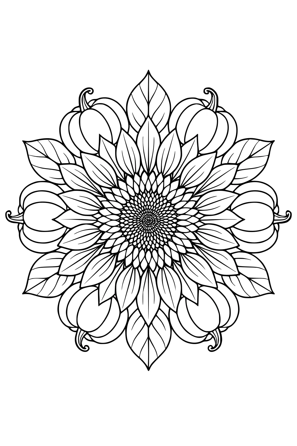 Sunflower mandala with many petals, tiny seed center, and pumpkins with curling stems arranged in a circle among leaves.