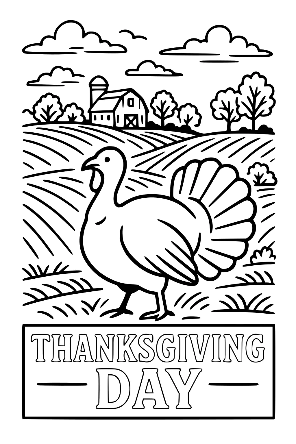 Turkey walking in a farm field with barn, silo, trees, clouds, and a Thanksgiving Day banner at the bottom.