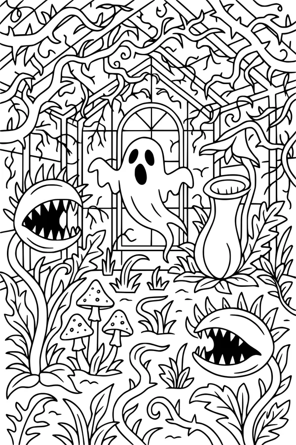 Free Ghost Coloring Page - Haunted Greenhouse With Carnivorous Plants (Printable PDF)