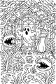 Free Ghost Coloring Page - Haunted Greenhouse With Carnivorous Plants (Printable PDF)