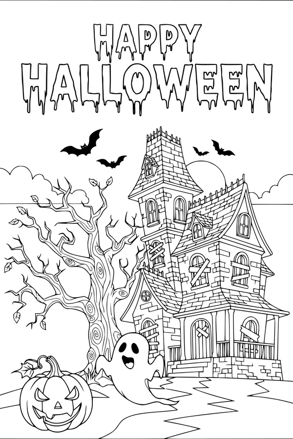 Free Haunted House Ghost Coloring Page - Happy Halloween Scene (Printable PDF)