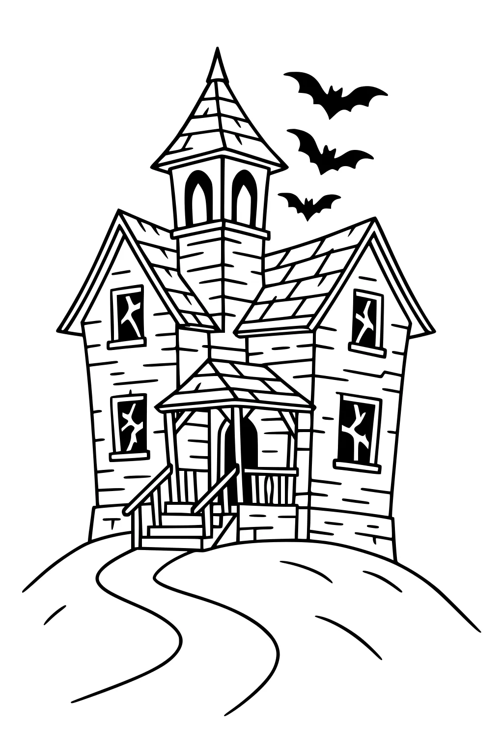 Haunted house on a hill with tower, cracked windows, open door, porch, winding path, and three bats flying above.