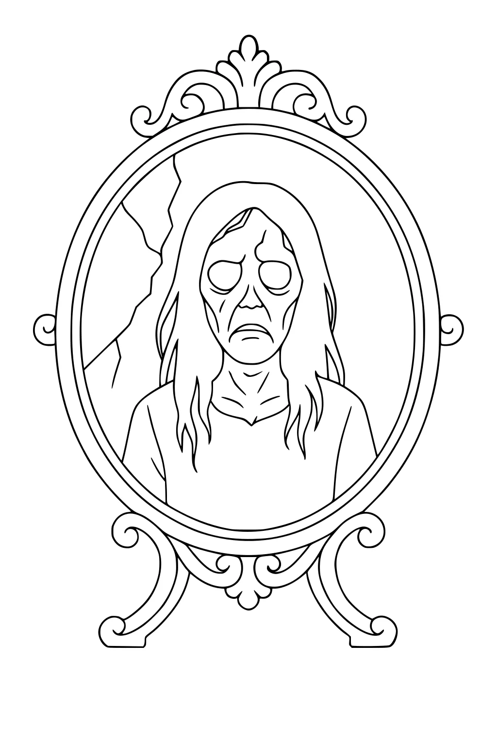 Sad girl ghost with long hair inside an ornate oval mirror with a crack on the left side, outlined for coloring.