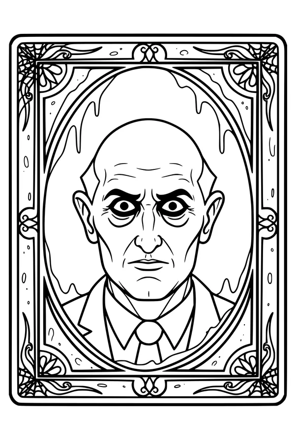 Free Haunted Portrait Coloring Page - Spooky Bald Man in Slime-Covered Frame (Printable PDF)