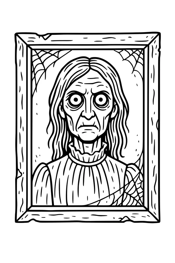 Free Haunted Portrait Coloring Page - Spooky Old Lady in Cobwebbed Frame (Printable PDF)