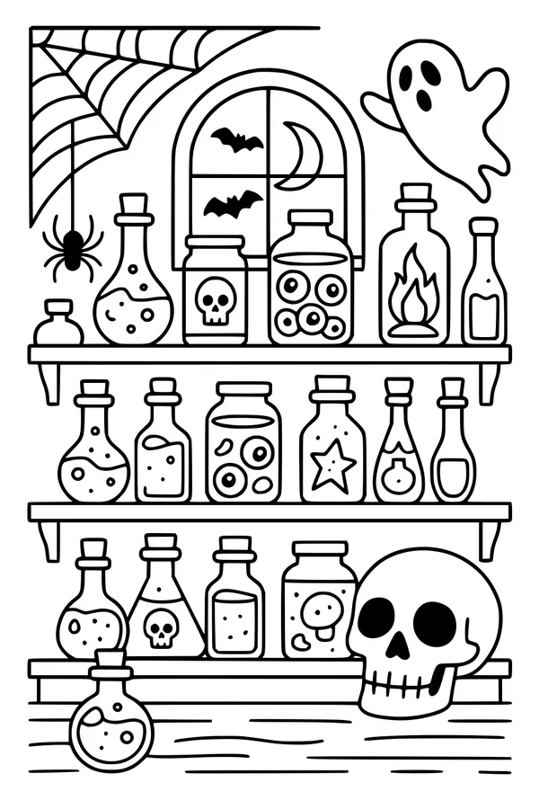 Free Halloween Potion Shelves Coloring Page - Spooky Ghost Laboratory (Printable PDF)