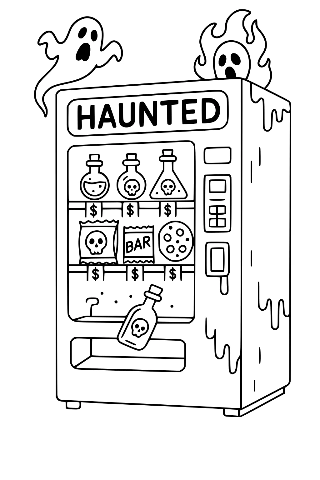 Haunted vending machine with two ghosts, slime drips, potions, snacks, and a skull-labeled bottle resting in the bottom tray.