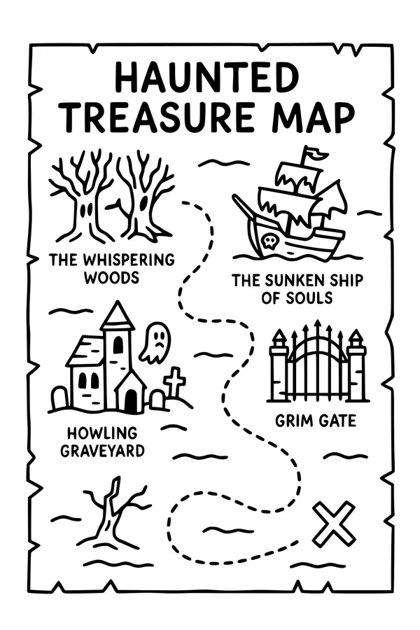 Free Halloween Treasure Map Coloring Page - Haunted Pirate Adventure (Printable PDF)