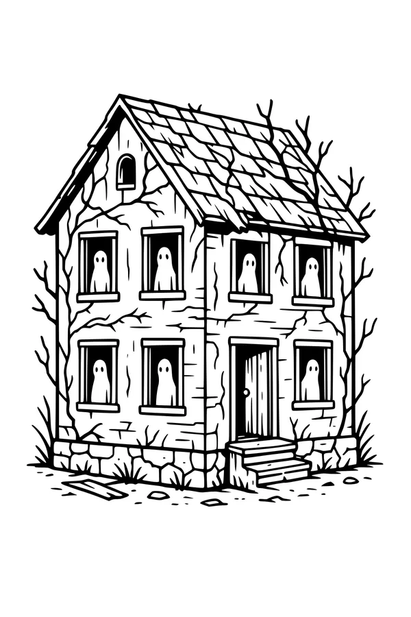 Free Haunted House Ghosts Coloring Page - Spooky Cracked Window Scene (Printable PDF)