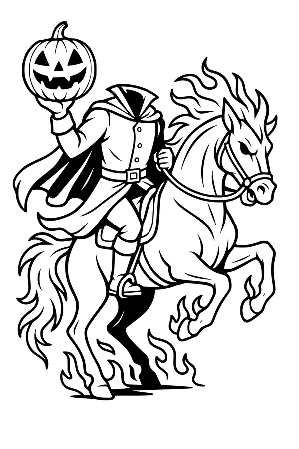 Free Headless Horseman Coloring Page - Spooky Pumpkin Rider on Rearing Horse (Printable PDF)