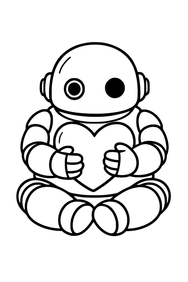 Free Robot Coloring Page - Cute Android Hugging a Heart (Printable PDF)