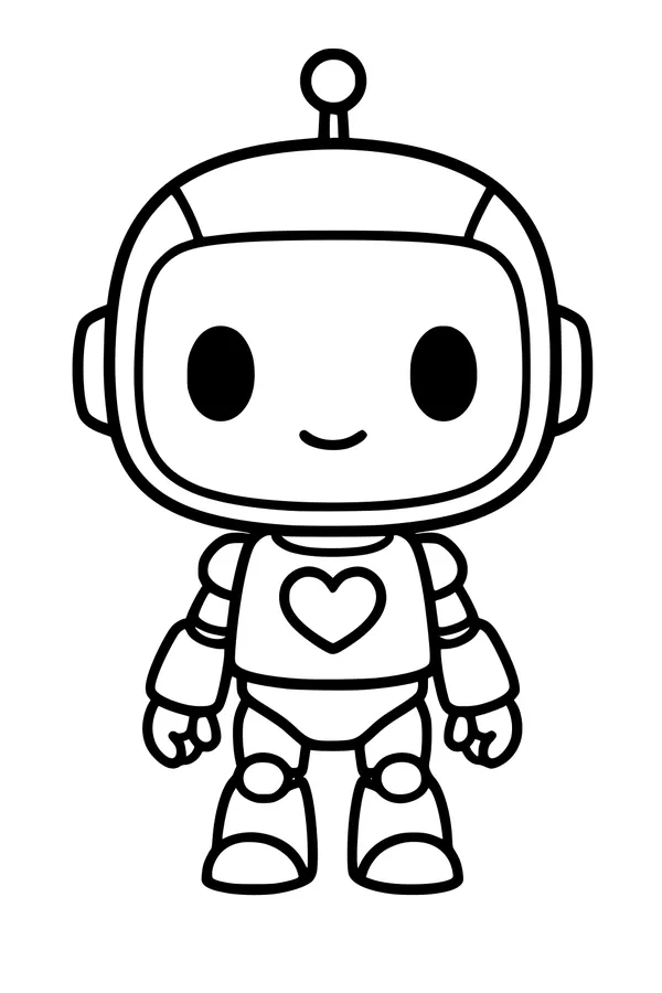 Free Robot Coloring Page - Smiling Android With Heart Emblem (Printable PDF)