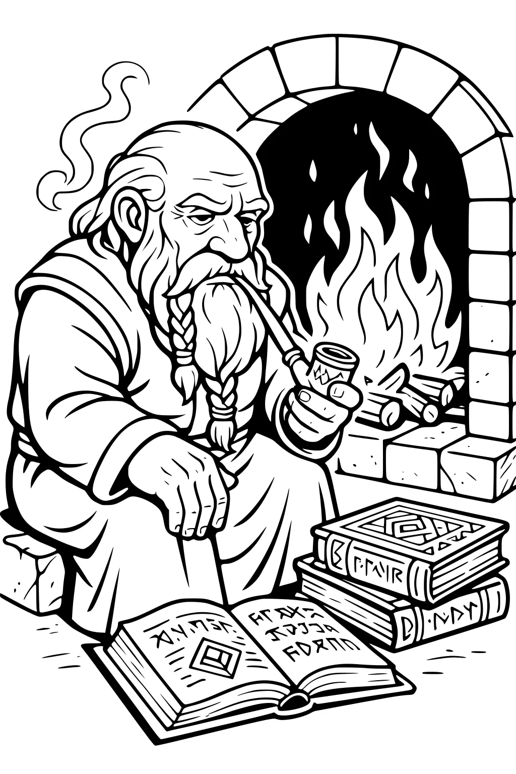 Old dwarf with braided beard by a stone fireplace, holding a pipe as smoke curls. Open rune book and stacked tomes nearby.