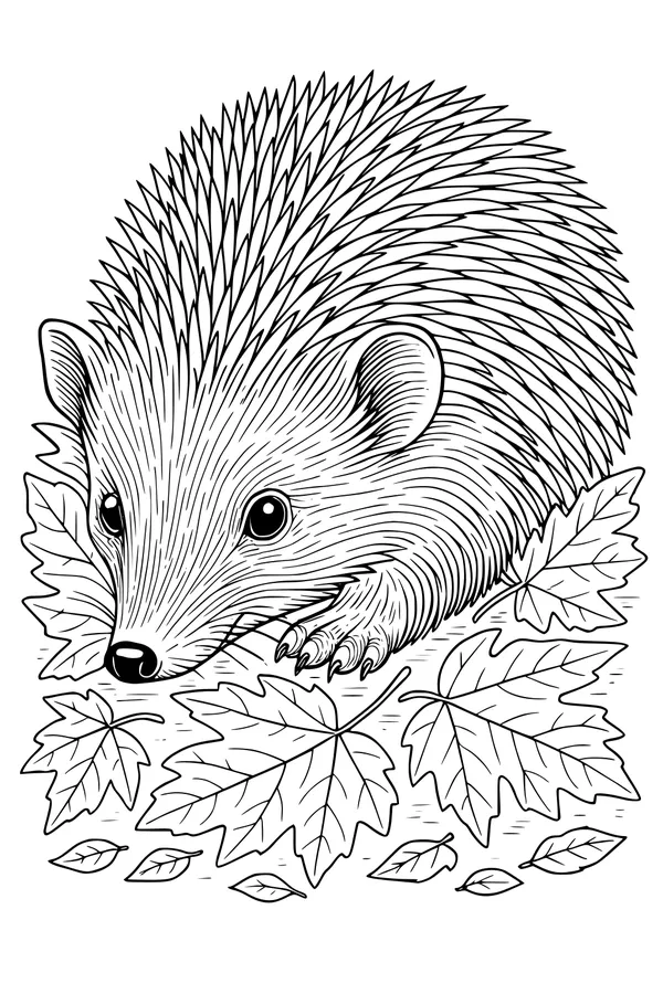 Free Hedgehog Coloring Page - Spiky Friend in Maple Leaves (Printable PDF)