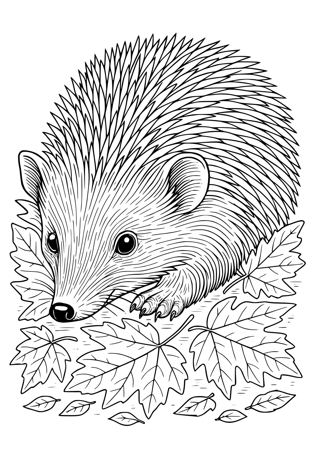 A hedgehog with pointy quills, round ears, and a little nose sits among scattered maple leaves.