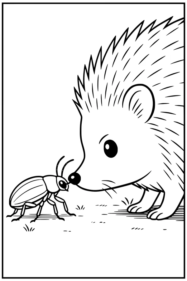 Free Hedgehog Coloring Page - Nose-to-Nose With a Beetle in the Grass (Printable PDF)