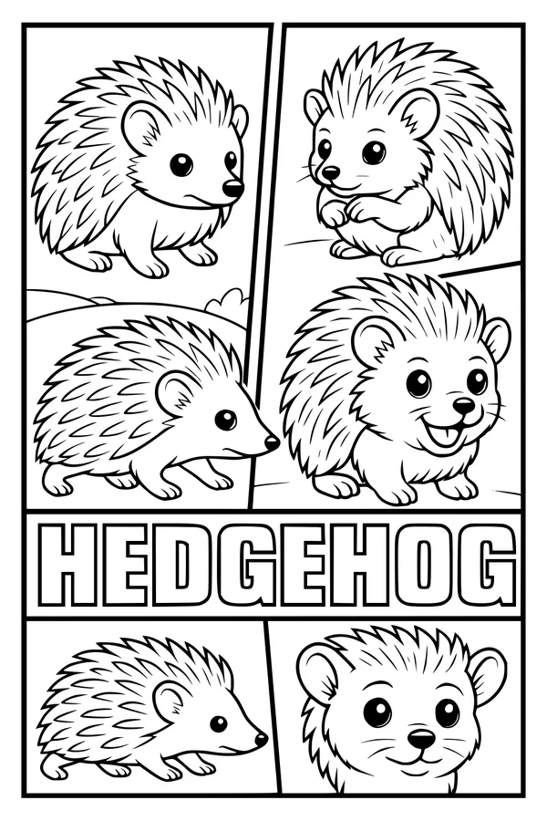 Free Hedgehog Coloring Page - Cute Cartoon Faces in Comic Panels (Printable PDF)