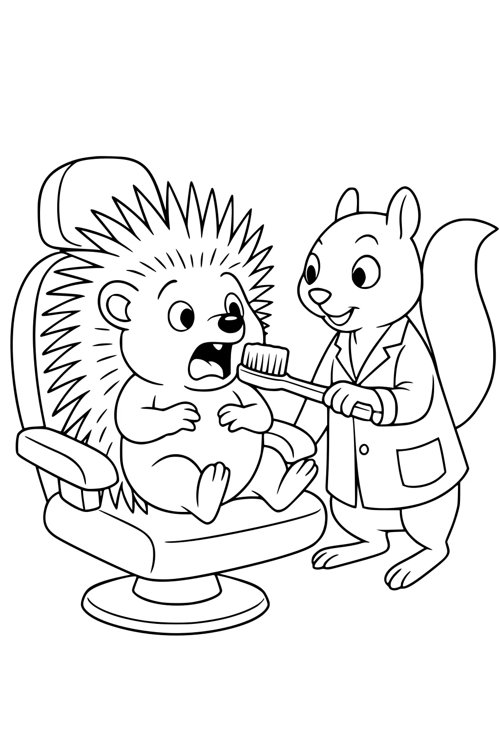Hedgehog sitting in a dental chair with mouth open while a squirrel in a coat holds a large toothbrush to his teeth.
