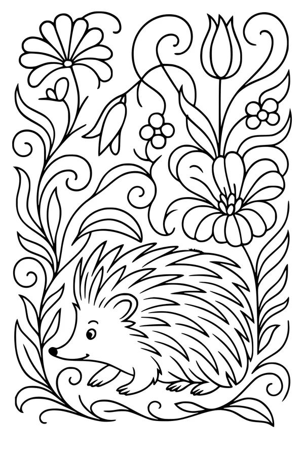 Free Hedgehog Coloring Page - Whiskery Wildflower Garden Scene (Printable PDF)