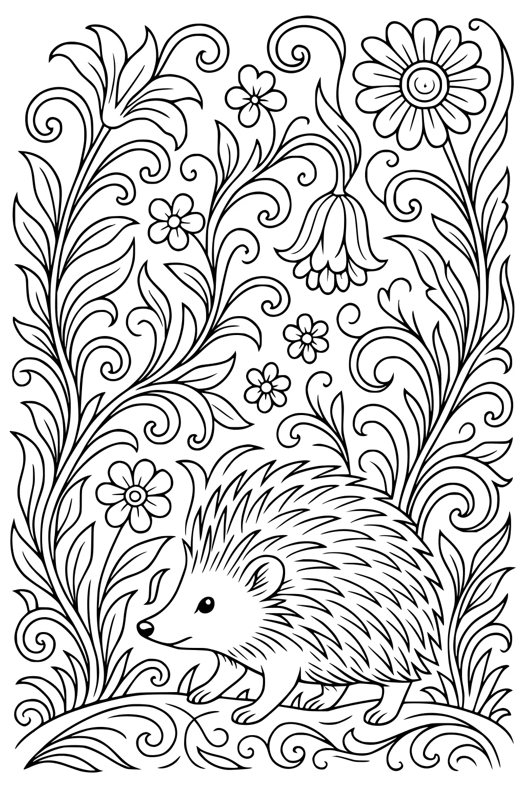 Hedgehog walking on grass, surrounded by large flowers, swirling leaves, and detailed plants.