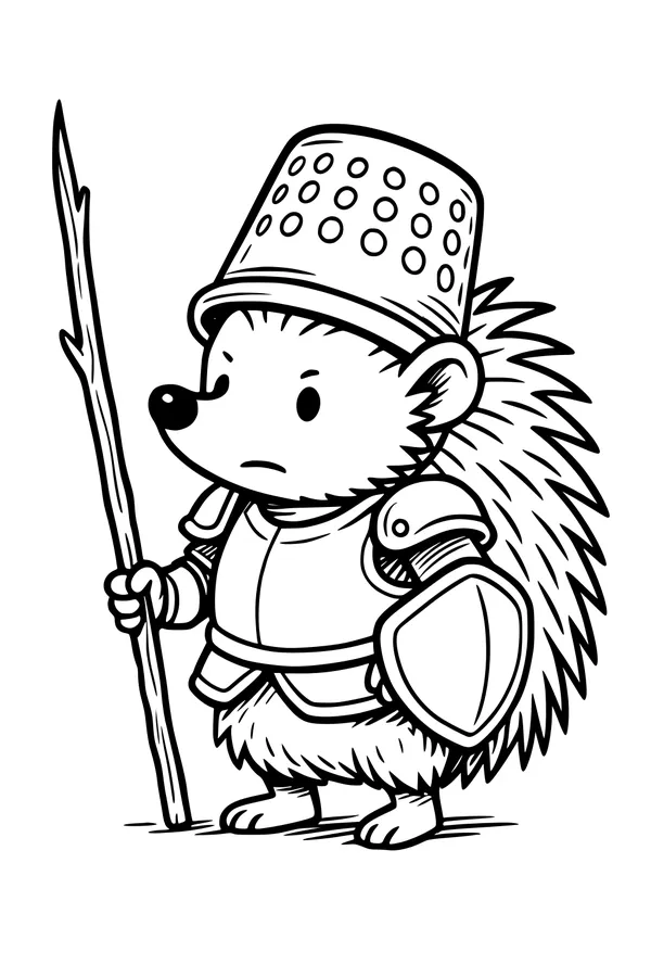 Free Hedgehog Coloring Page - Brave Knight in Homemade Armor (Printable PDF)