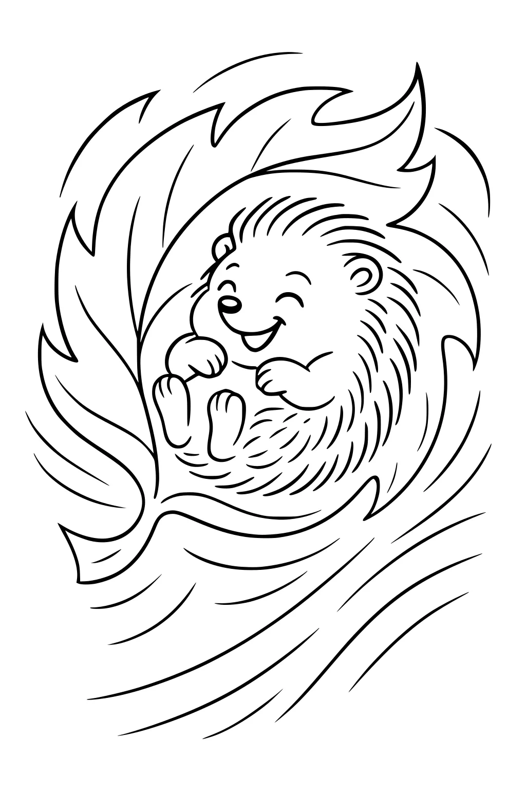 Happy hedgehog curled up in a large leaf with swirly motion lines in the background.