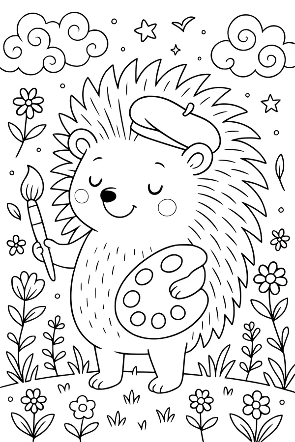 Free Hedgehog Coloring Page - Artistic Hedgehog in Flowery Meadow (Printable PDF)