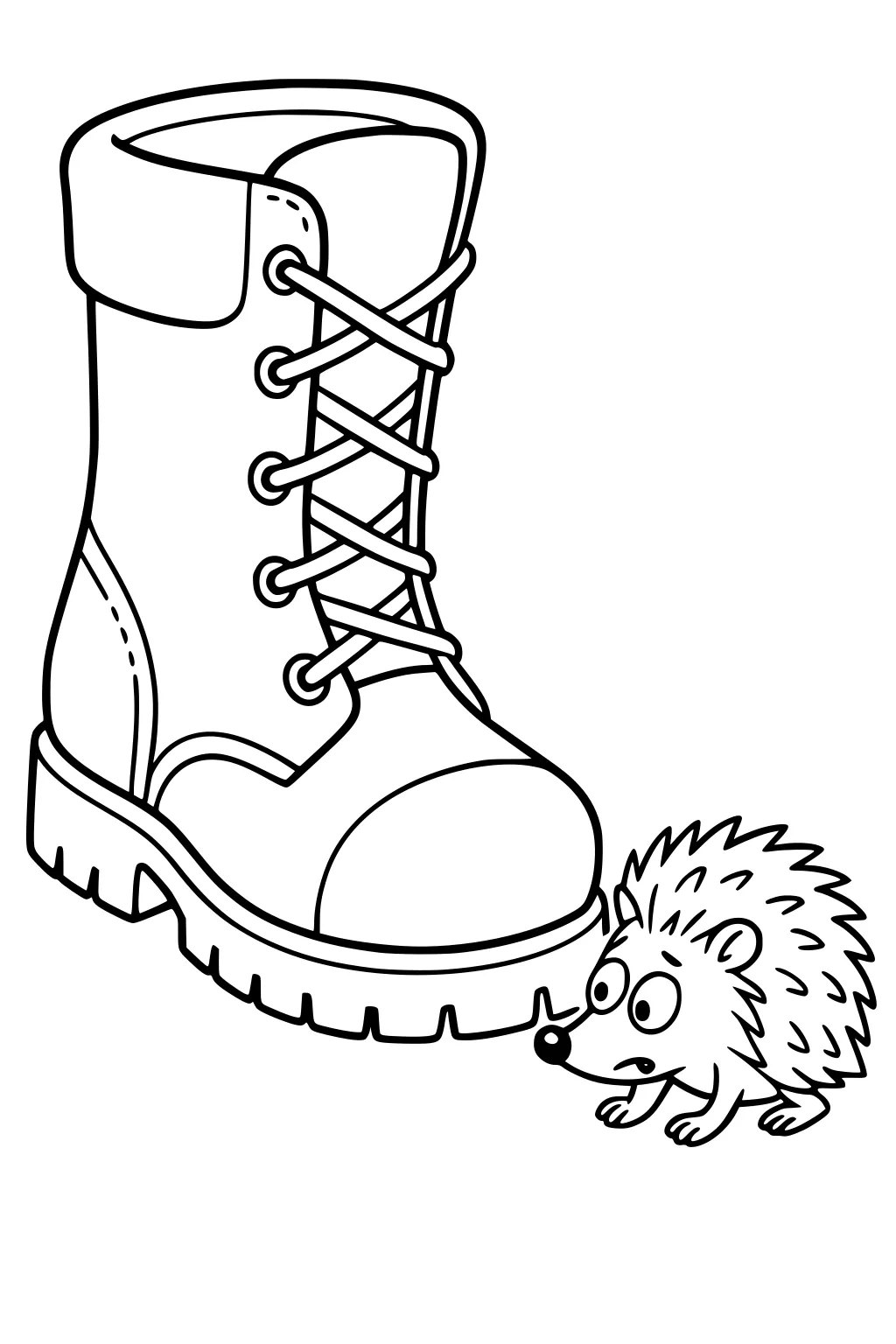Hedgehog with big eyes next to a large lace-up boot on a blank background.