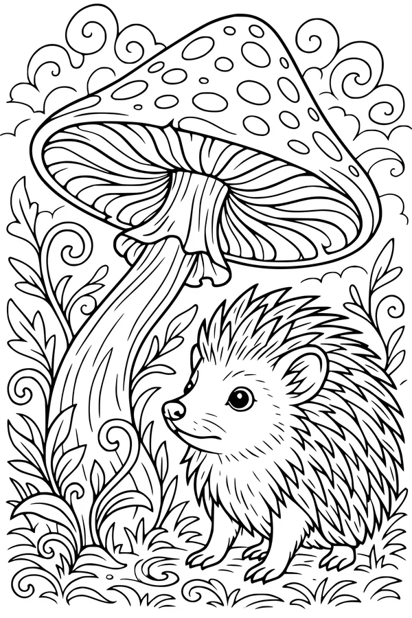 Free Hedgehog Coloring Page - Under a Magical Forest Mushroom (Printable PDF)