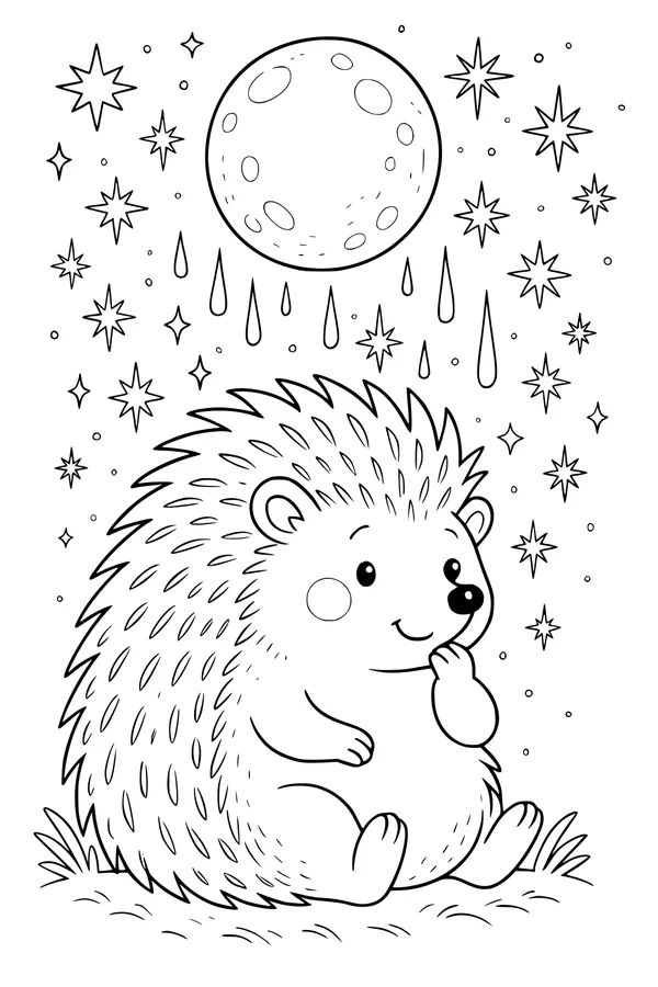 Free Hedgehog Coloring Page - Moonlit Sparkly Night Scene (Printable PDF)