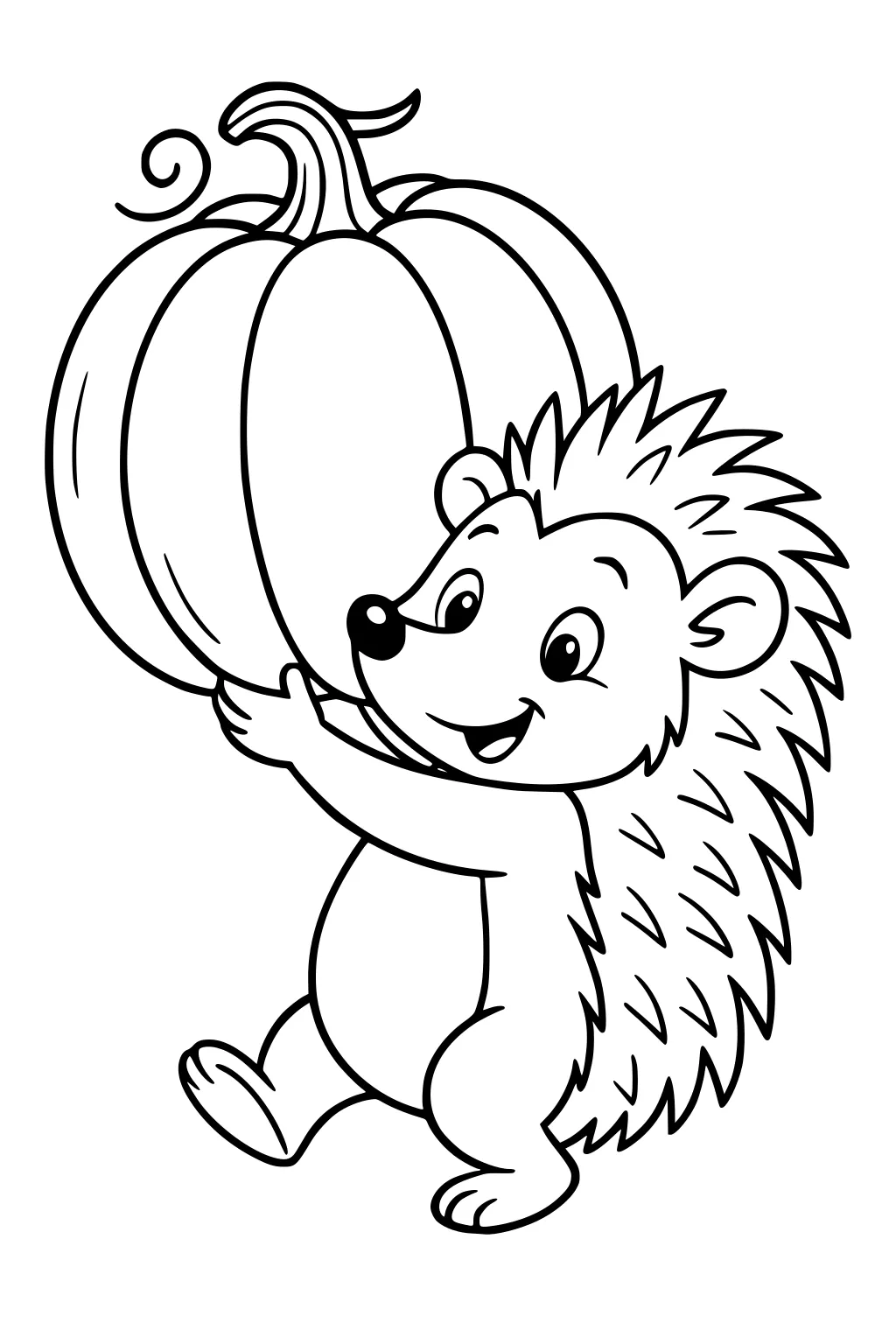 Smiling hedgehog hugs a large pumpkin with a curly stem, standing on hind legs; simple outlines with spiky quills and open background.