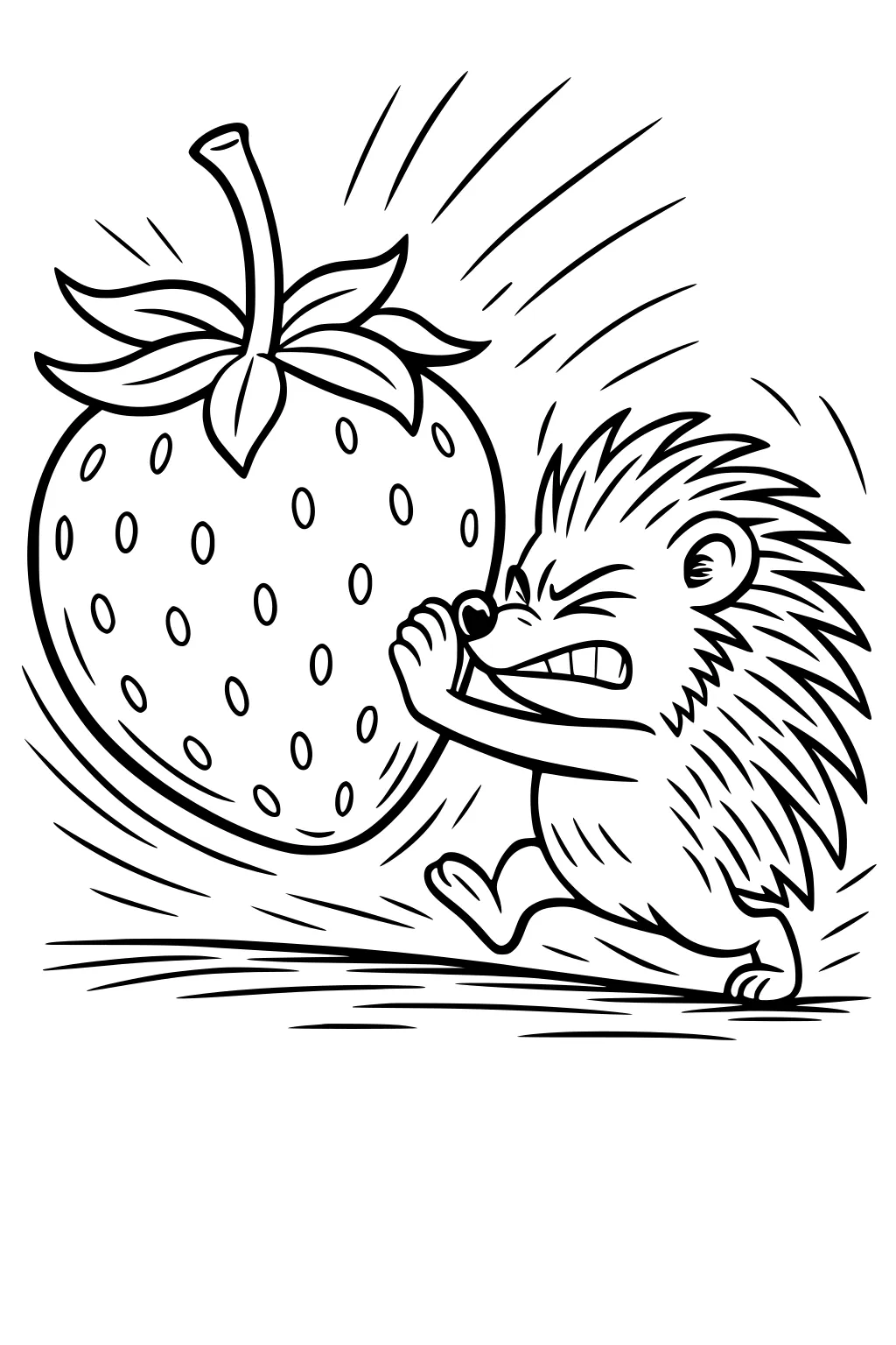 Hedgehog with spiky fur pushing a giant strawberry with leafy top and spots, showing effort and movement.