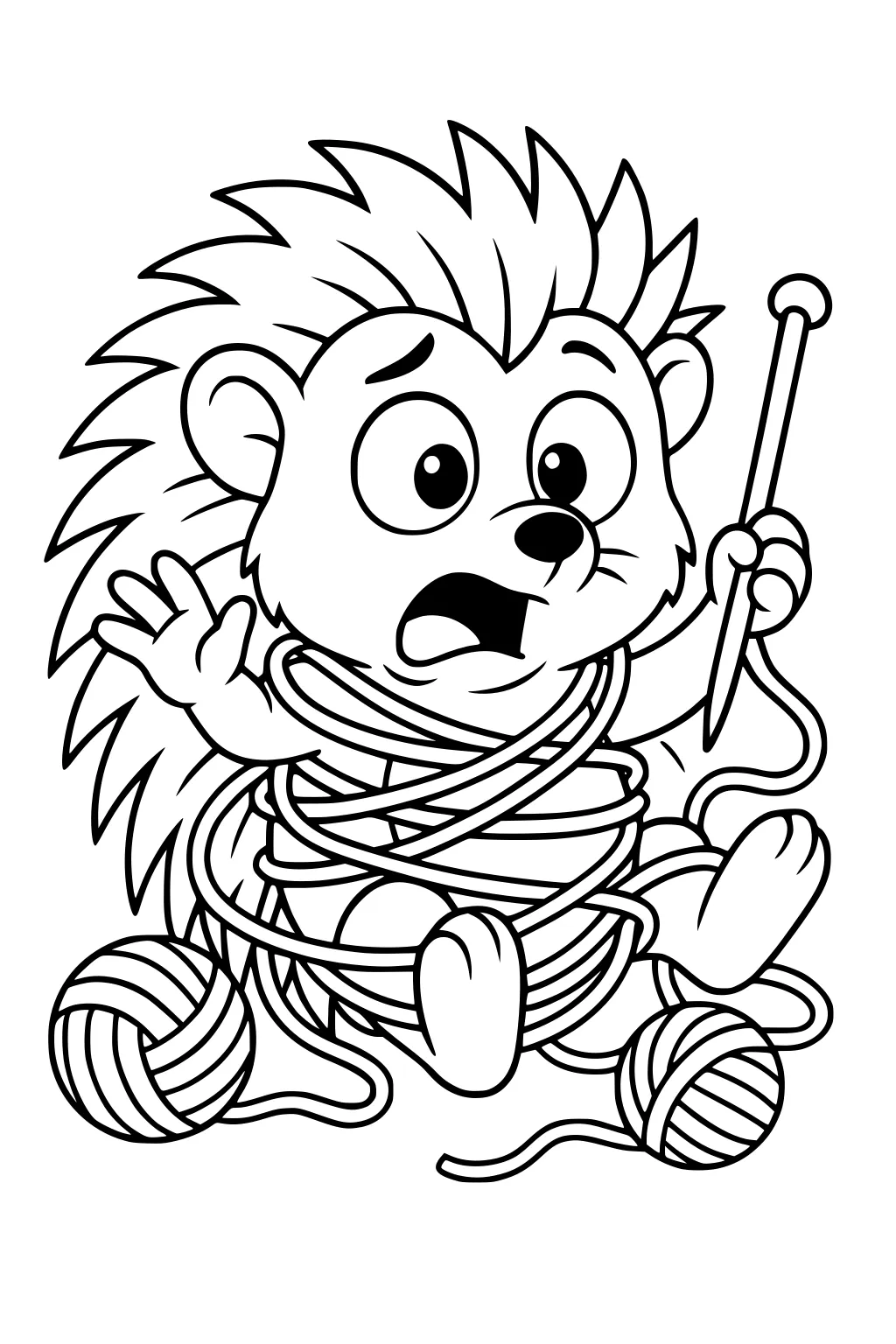 Cartoon hedgehog tangled in yarn and holding a knitting needle with two yarn balls nearby.