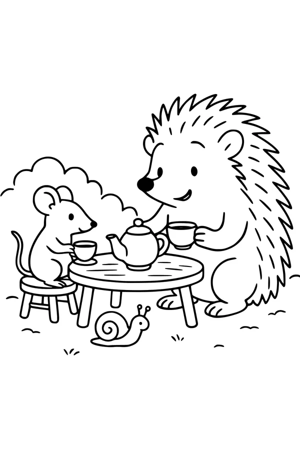 Free Hedgehog Coloring Page - Tea Party with Mouse Friend (Printable PDF)