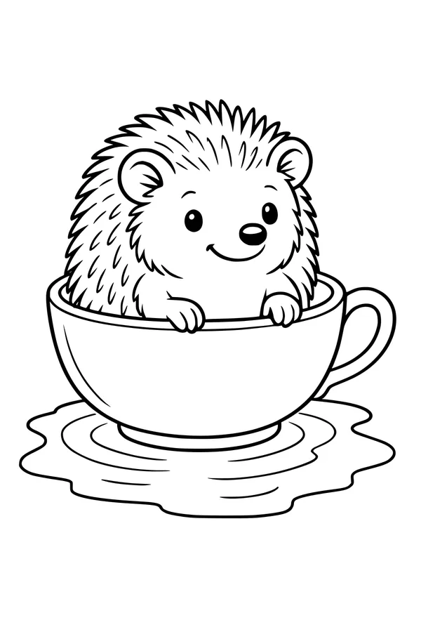 Free Hedgehog Coloring Page - Smiling Teacup Guest (Printable PDF)
