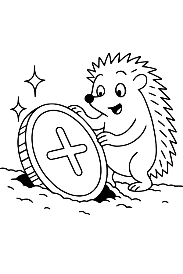 Free Hedgehog Coloring Page - Cute Cartoon Digging Up Treasure Coin (Printable PDF)