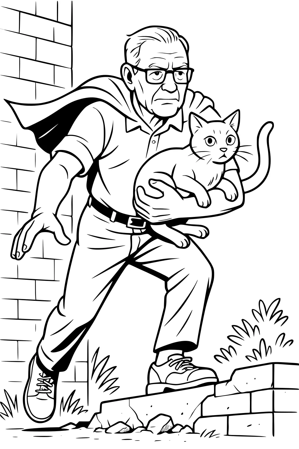 Grandfather in cape holding a cat, stepping over broken steps by a brick wall, wearing glasses, sneakers, bushes nearby.