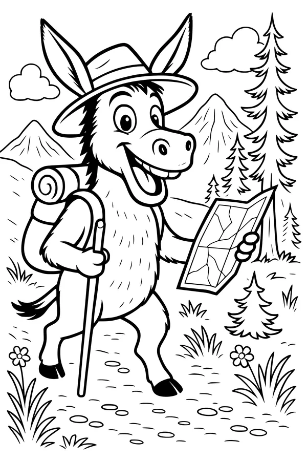 Free Donkey Coloring Page - Hiking With Map In Forest Mountains (Printable PDF)