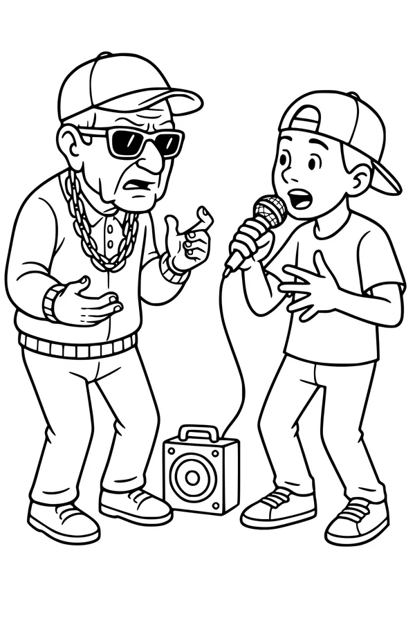 Free Grandpa And Grandson Coloring Page - Fun Hip Hop Rap Scene (Printable PDF)