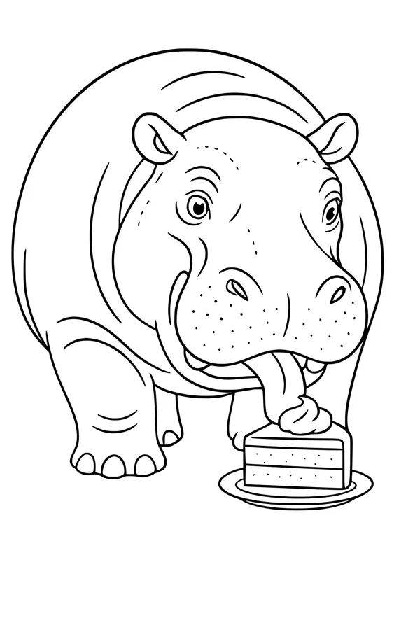 Free Hippopotamus Coloring Page - Hungry Hippo Licking Cake (Printable PDF)