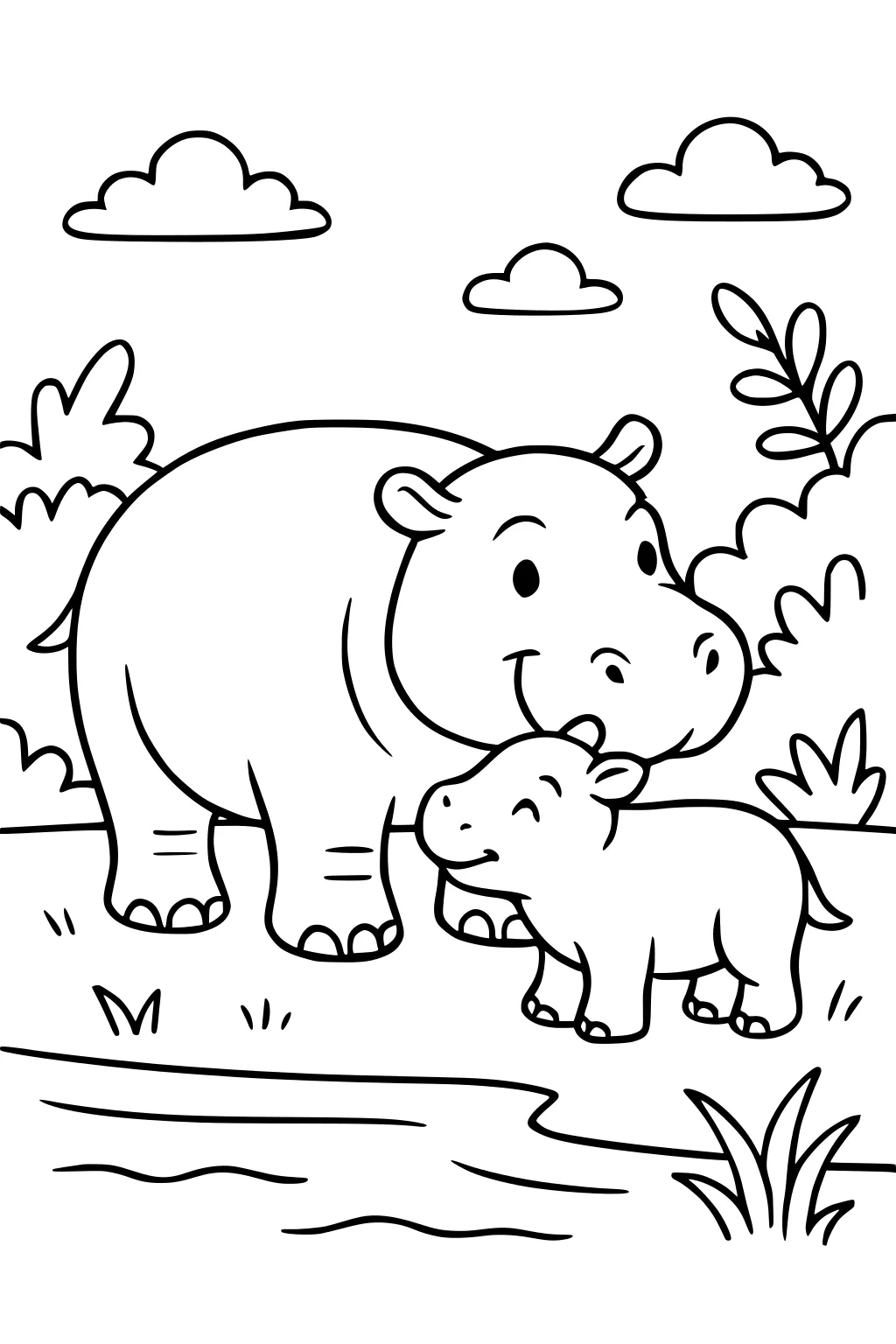Adult hippopotamus and baby standing side by side by a pond, with grass, bushes, and clouds in the background.