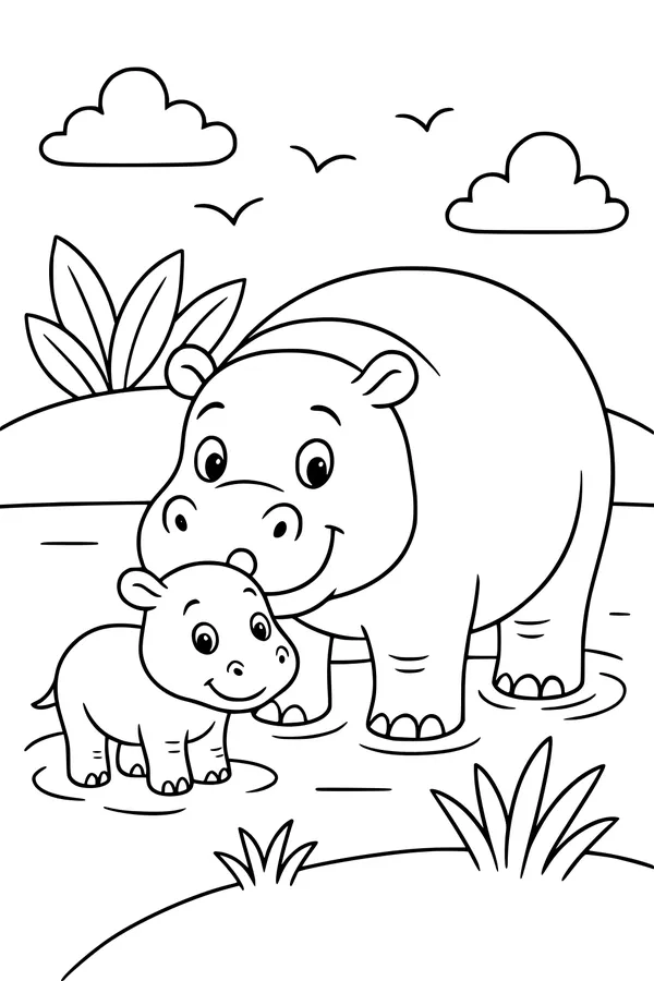 Free Hippopotamus Coloring Page - Mother And Baby At The Pond (Printable PDF)