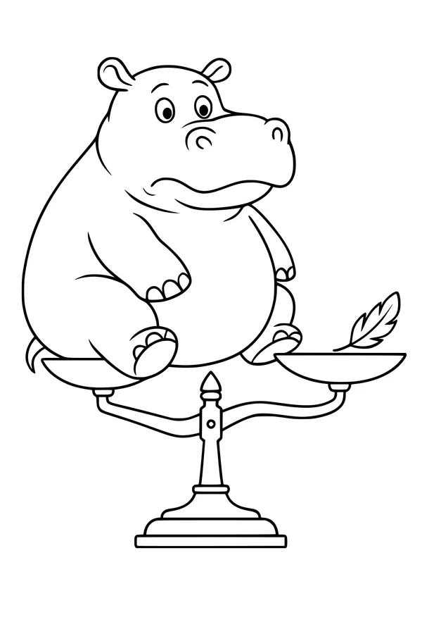 Free Hippopotamus Coloring Page - Funny Hippo on Feather Scale (Printable PDF)