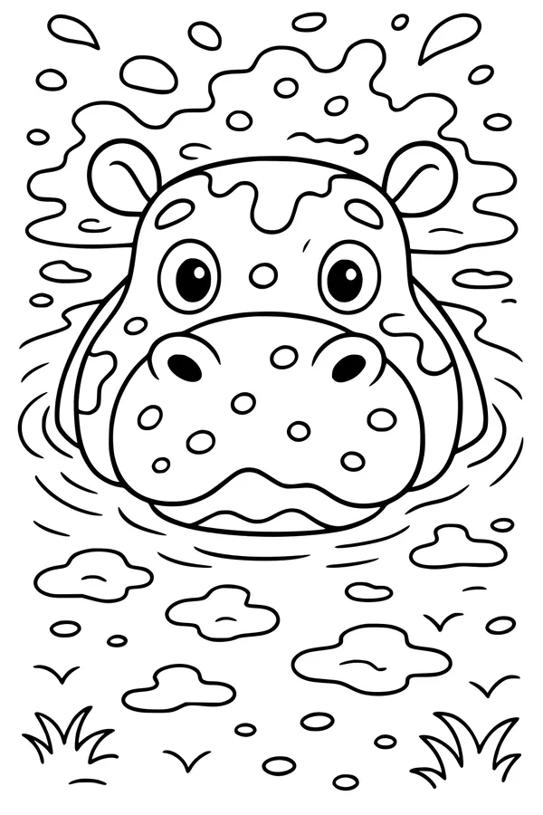 Free Hippopotamus Coloring Page - Cute Hippo Peeking From Pond (Printable PDF)